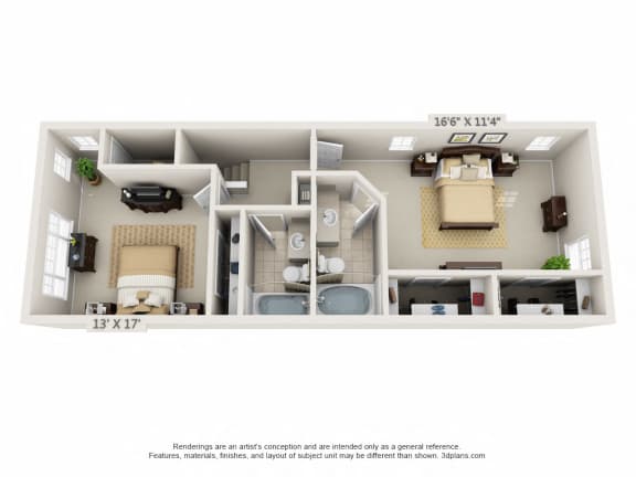 This is a 3D floor plan of a 1498 square foot 2 bedroom Schooner townhome at Nantucket Apartments in Loveland, OH.