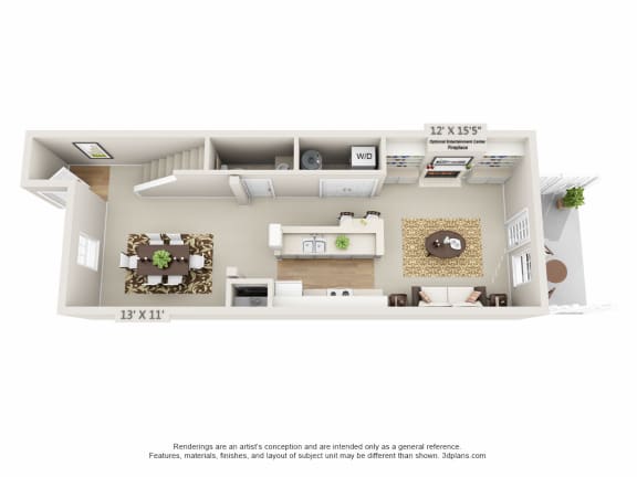 This is a 3D floor plan of a 1242 square foot 2 bedroom Spinnaker townhome at Nantucket Apartments in Loveland, OH.