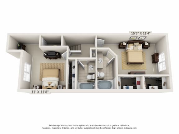 This is a 3D floor plan of a 1242 square foot 2 bedroom Spinnaker townhome at Nantucket Apartments in Loveland, OH.