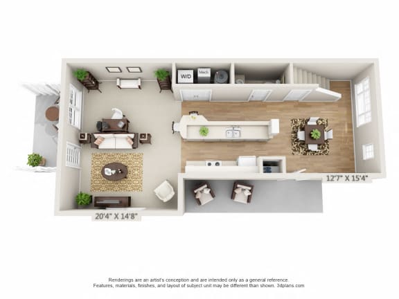 This is a 3D floor plan of a 1389 square foot 2 bedroom Yachtsman townhome at Nantucket Apartments in Loveland, OH.