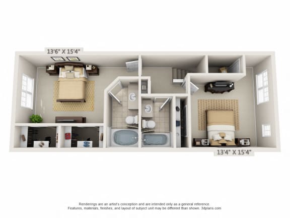 This is a 3D floor plan of a 1389 square foot 2 bedroom Yachtsman townhome at Nantucket Apartments in Loveland, OH.
