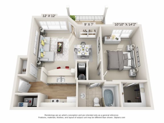 This is a 3D floor plan of a 758 square foot 1 bedroom, 1 bath Clipper at Nantucket Apartments in Loveland, OH.