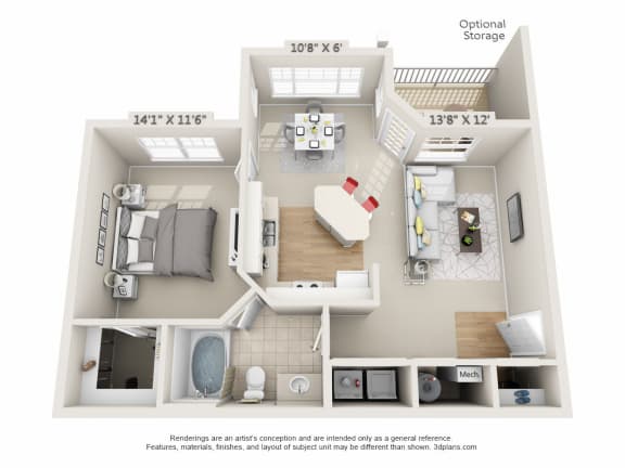 This is a 3D floor plan of a 758 square foot 1 bedroom, 1 bath Patriot at Nantucket Apartments in Loveland, OH.