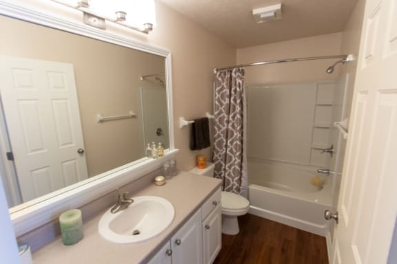 This is a photo of the master bathroom in the 1242 square foot, 2 bedroom Spinnaker floor plan at Nantucket Apartments in Loveland, OH.