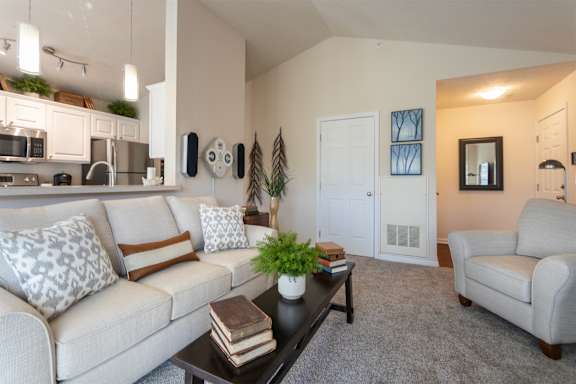 This is a photo of the living room in the 1016 square foot, 2 bedroom, 2 bath Nautica floor plan at Nantucket Apartments in Loveland, OH.