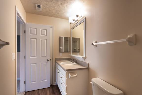 Bathroom vanity area in the Catamaran 1-bedroom apartment, with a mirror, sink, toilet, towel bar, and doorway to the hall.