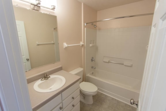 This is a photo of the bathroom in the 1578 square foot, 3 bedroom, 2 and 1/2 bath Flagship floor plan at Nantucket Apartments in Loveland, OH.