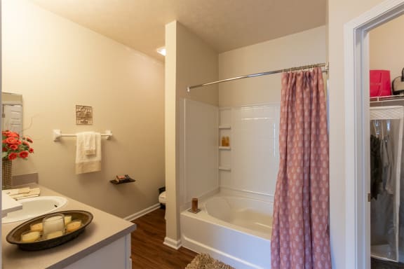 This is a photo of the primary bathroom in the 2 bedroom, 2 bath Islander floor plan at Nantucket Apartments in Loveland, OH.