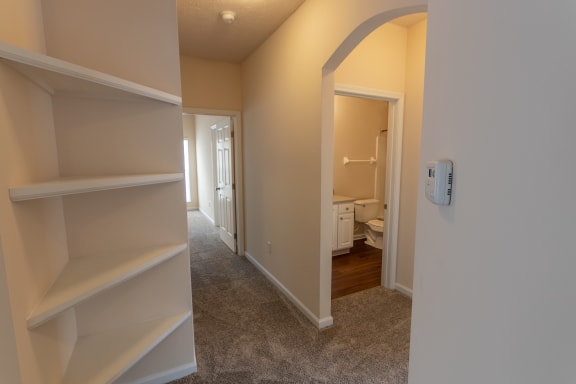 This is a photo of the hallway in the 1255 square foot, 2 bedroom, 2 bath LIghthouse floor plan at Nantucket Apartments in Loveland, OH.
