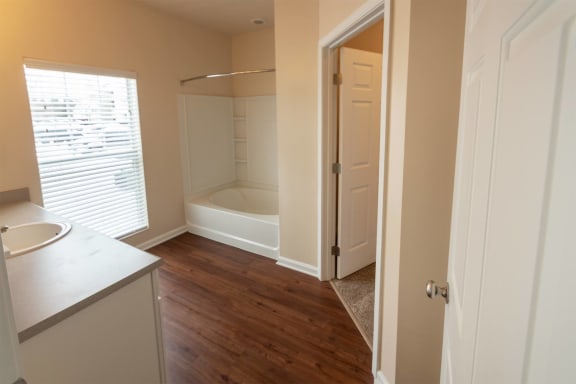 This is a photo of the primary bathroom in the 1255 square foot, 2 bedroom, 2 bath LIghthouse floor plan at Nantucket Apartments in Loveland, OH.