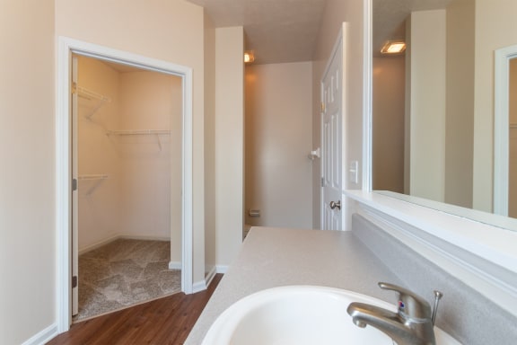 This is a photo of the primary bathroom in the 1255 square foot, 2 bedroom, 2 bath LIghthouse floor plan at Nantucket Apartments in Loveland, OH.