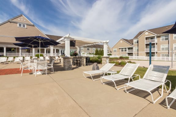 This is a photo of the pool area at Nantucket Apartments in Loveland, Ohio.