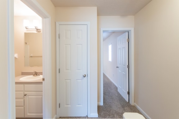 This is a photo of the second floor hallway in the 1498 square foot, 2 bedroom, 2 and 1/2 bath Schooner floor plan at Nantucket Apartments in Loveland, OH.