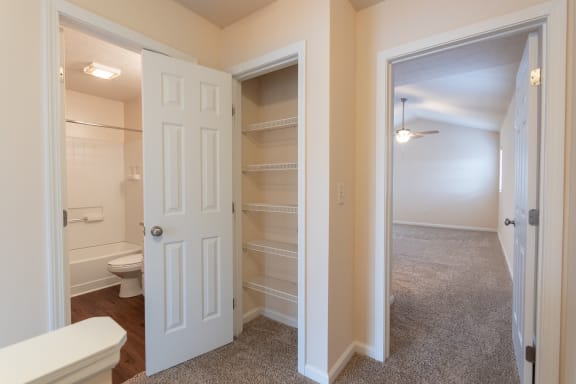 This is a photo of the second floor hallway lined closet in the 1498 square foot, 2 bedroom, 2 and 1/2 bath Schooner floor plan at Nantucket Apartments in Loveland, OH.