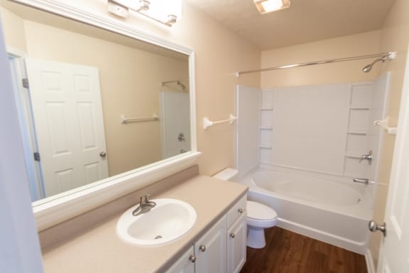 This is a photo of the master bathroom in the 1498 square foot, 2 bedroom, 2 and a half bath Schooner floor plan at Nantucket Apartments in Loveland, OH.