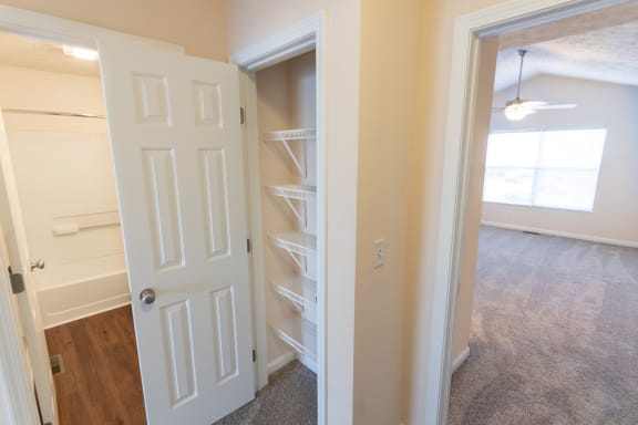 This is a photo of the second floor hall linen closet in the 1389 square foot, 2 bedroom, 2 and a 1/2 bath Yachtsman floor plan at Nantucket Apartments in Loveland, OH.