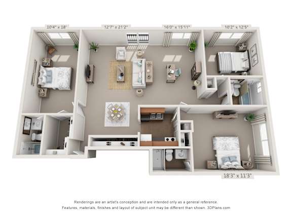 A 3D floor plan of a 1317 square foot 3 bedroom with den apartment at Park Lane Apartments in Cincinnati, OH.