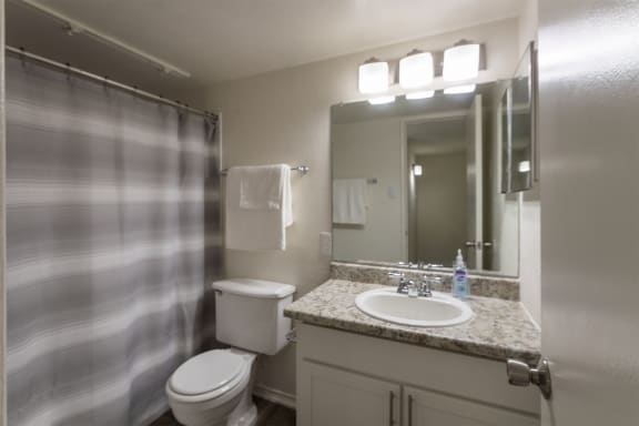 This is a photo of the bathroom in the 970 square foot 2 bedroom, 2 bath apartment at Preston Park Apartments in Dallas, TX