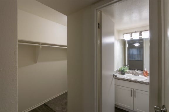 This is a photo of the primary bathroom and walk-in closet in the 970 square foot 2 bedroom, 2 bath apartment at Preston Park Apartments in Dallas, TX