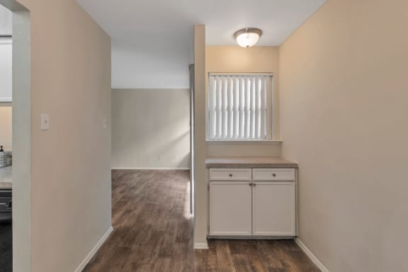 This is a photo of the dining room in the 650 square foot 1 bedroom, 1 bath apartment at Preston Park Apartments in Dallas, TX