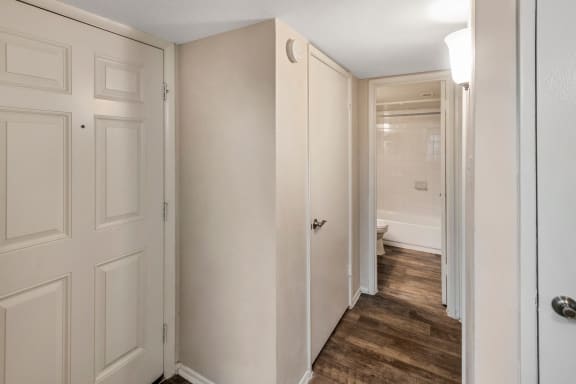 This is a photo of the hallway in the 650 square foot 1 bedroom, 1 bath apartment at Preston Park Apartments in Dallas, TX