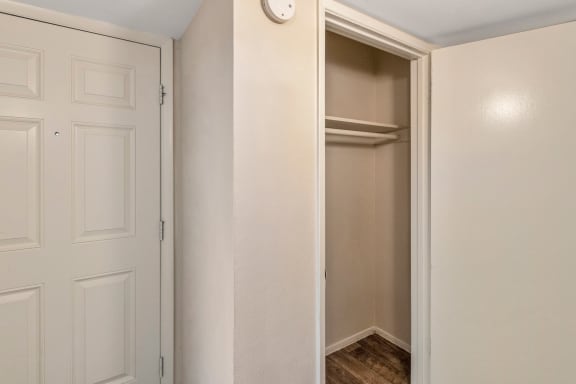 This is a photo of the coat closet in the 650 square foot 1 bedroom, 1 bath apartment at Preston Park Apartments in Dallas, TX