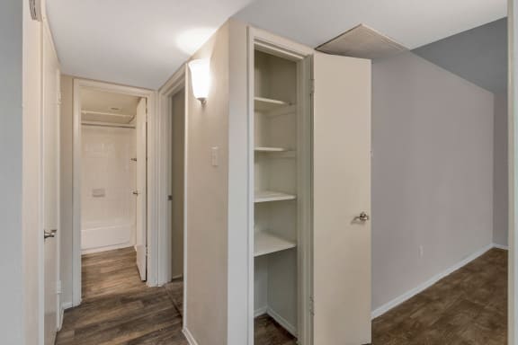 This is a photo of the linen closet in the 650 square foot 1 bedroom, 1 bath apartment at Preston Park Apartments in Dallas, TX