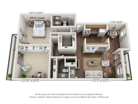 This is a 3D floor plan of a 935 square foot 1 bedroom apartment at Preston Park Apartments in Dallas, TX.