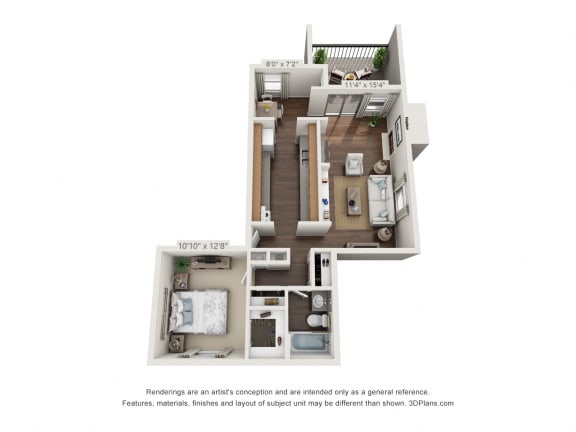 Floor Plan  This is a 3D floor plan of a 650 square foot 1 bedroom apartment at Preston Park Apartments in Dallas, TX.
