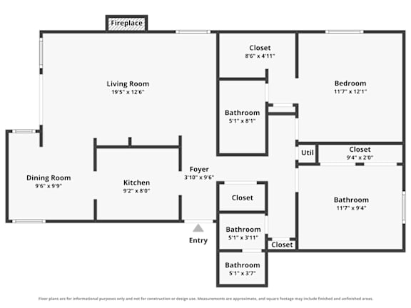 A floor plan of a 2 bed / 2 bath, 935 square foot apartment home with a living room, dining room, kitchen, and multiple bathrooms and closets at Preston Park Apartments in Dallas.