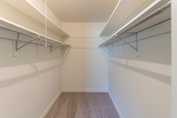 This is a picture of the primary bedroom walk-in closet in a 748 sq foot 2 bedroom, 1 bath apartment at Red Bank Reserve in the Madisonville neighborhood of Cincinnati, Ohio.