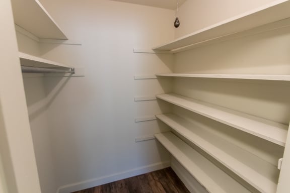 This is a picture of the walk-in hall closet in a 748 sq foot 2 bedroom, 1 bath apartment at Red Bank Reserve in the Madisonville neighborhood of Cincinnati, Ohio.
