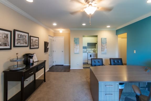 This is a picture of the living room (and Leasing Office) in a 755 square foot 2 bedroom aprtment at Romaine Court Apartments in Cincinnati, OH.
