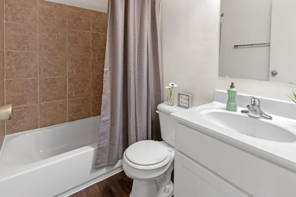 This is a photo of the bathroom of a 742 square foot, 2 bedroom apartment at Romaine Court Apartments in the Oakley neighborhood of Cincinnati, Ohio.