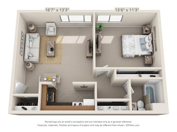 This is a 3D floor plan of a 549 square foot 1 bedroom, 1 bath apartment at Romaine Court Apartments in Cincinnati, OH.