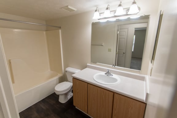 This is photo of the bathroom in the 1056 square foot, 2 bedroom Gainsway floor plan at Trails of Saddlebrook Apartments in Florence, KY.