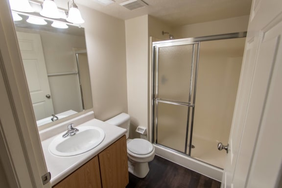This is photo of the primary bathroom in the 1056 square foot, 2 bedroom Gainsway floor plan at Trails of Saddlebrook Apartments in Florence, KY.