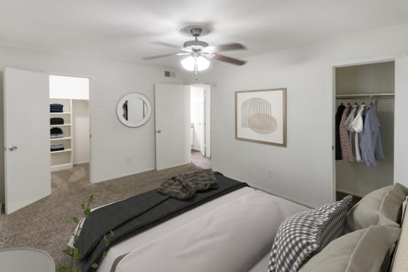 This is a photo of the bedroom in the 640 square foot 1 bedroom apartment at The Summit at Midtown Apartments in Dallas, TX.