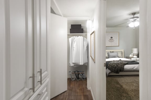 This is a photo of the bedroom in the 640 square foot 1 bedroom apartment at The Summit at Midtown Apartments in Dallas, TX.