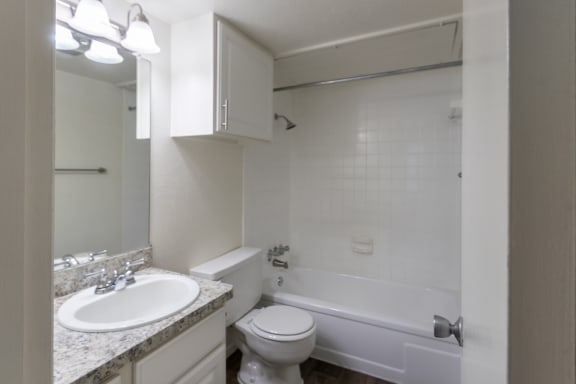 This is a photo of the primary bathroom in the 963 square foot 2 bedroom, 2 bath apartment at The Summit at Midtown Apartments in Dallas, TX.