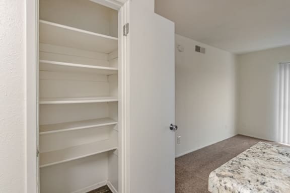 This is a photo of the pantry in the 486 square foot 1 bedroom apartment at The Summit at Midtown Apartments in Dallas, TX.