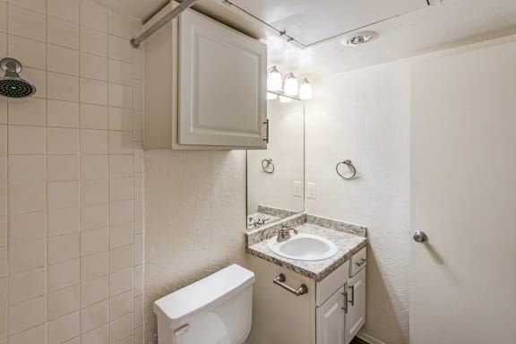 This is a photo of the bathroom in the 486 square foot 1 bedroom apartment at The Summit at Midtown Apartments in Dallas, TX.