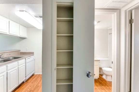 This is a photo of the pantry in the 576 square foot 1 bedroom apartment at The Summit at Midtown Apartments in Dallas, TX.