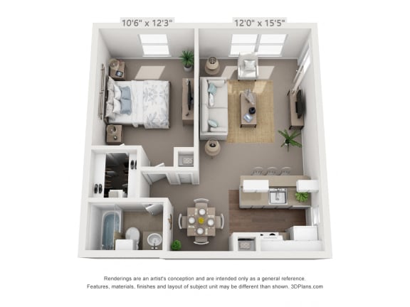 Floor Plan  This is a 3D floor plan of a 558 square foot 1 bedroom apartment at The Summit at Midtown Apartments in Dallas, TX.