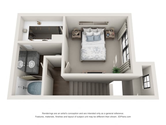 This is a 3D floor plan of a 859 square foot 1 bedroom apartment at The Brownstones Townhome Apartments in Dallas, TX.