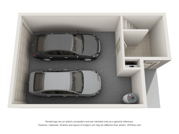 This is a 3D floor plan of a 1329 square foot 2 bedroom apartment at The Brownstones Townhome Apartments in Dallas, TX.