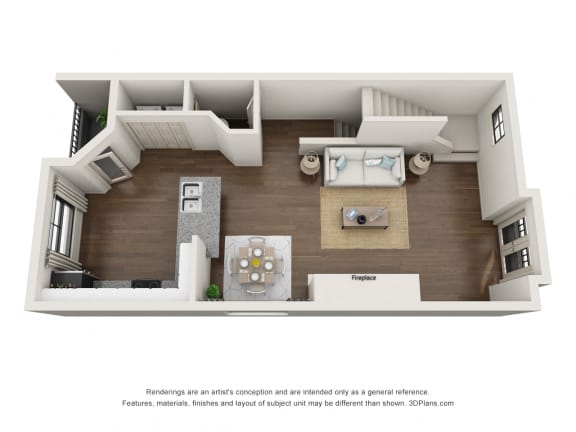 This is a 3D floor plan of a 1320 square foot 2 bedroom apartment at The Brownstones Townhome Apartments in Dallas, TX.