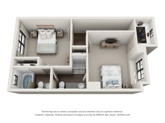 This is a 3D floor plan of a 1329 square foot 2 bedroom apartment at The Brownstones Townhome Apartments in Dallas, TX.