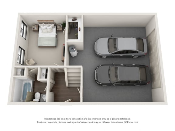 This is a 3D floor plan of a 1071 square foot 2 bedroom apartment at The Brownstones Townhome Apartments in Dallas, TX.