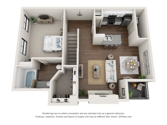 This is a 3D floor plan of a 1071 square foot 2 bedroom apartment at The Brownstones Townhome Apartments in Dallas, TX.
